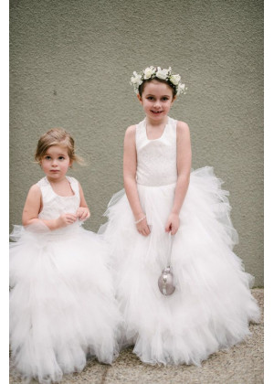 Backless Ivory Lace Tulle Ruffled Flower Girl Dress